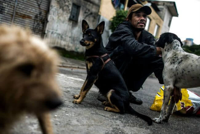 Para quem vive nas ruas, cuidar de um cão pode ter diversas funções: no caso de Samuel, seus companheiros guardam a praça onde dorme e ajudam diariamente na busca por comida (Foto: Alexandre Severo/Ed. Globo)